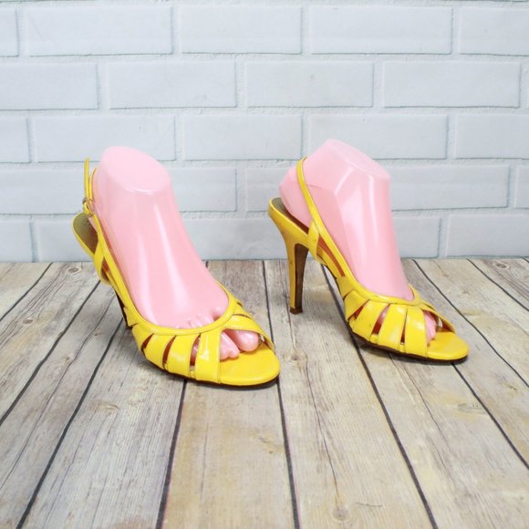 Cole Haan Yellow Leather Peep Toe High Heel Ankle Strap Air Sole Sandals 9.5 B - Picture 2 of 8